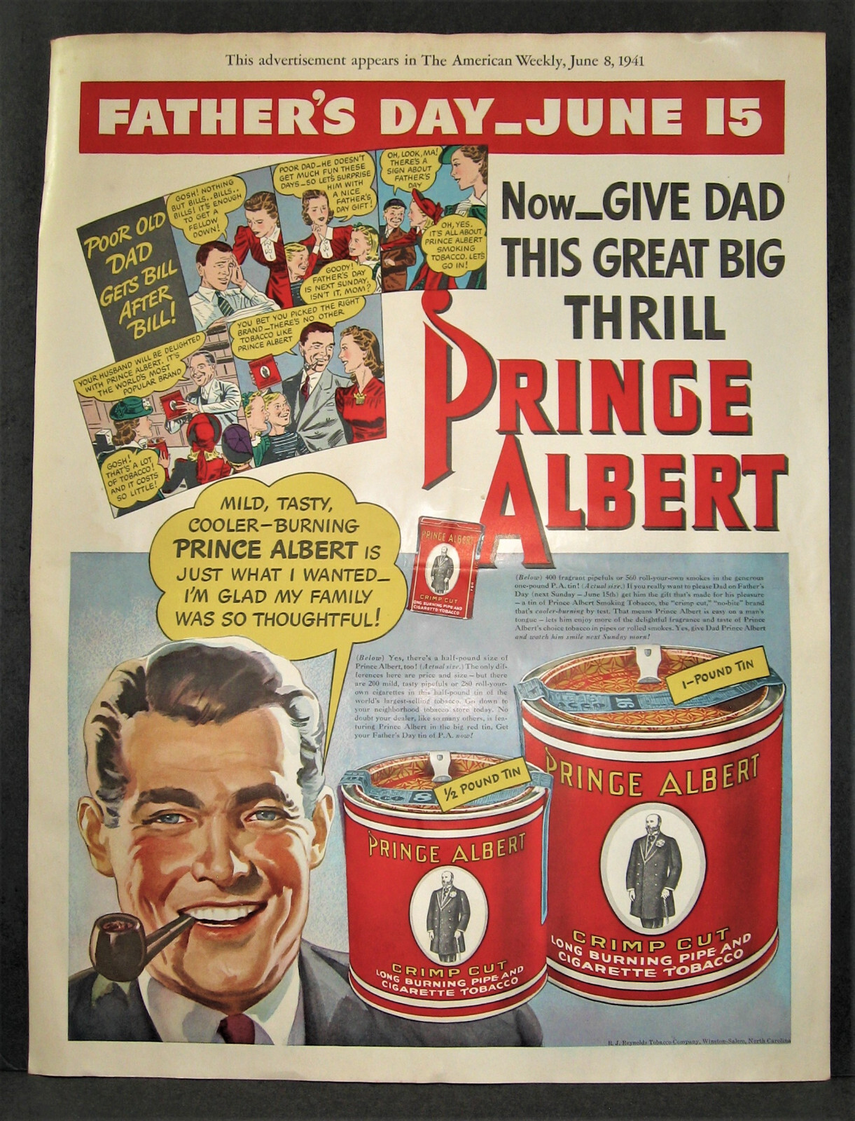 Vintage 1941 Prince Albert Tobacco Dist Promo Lg 16×21 Poster Sign -Not A Mag Ad