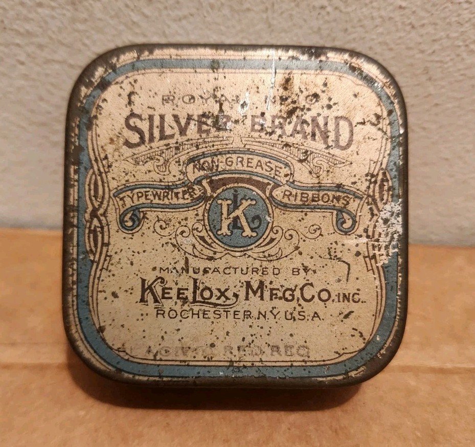 Vintage Silver Brand Typewriter Ribbons Empty Tin Kee Lox Co Rochester NY USA