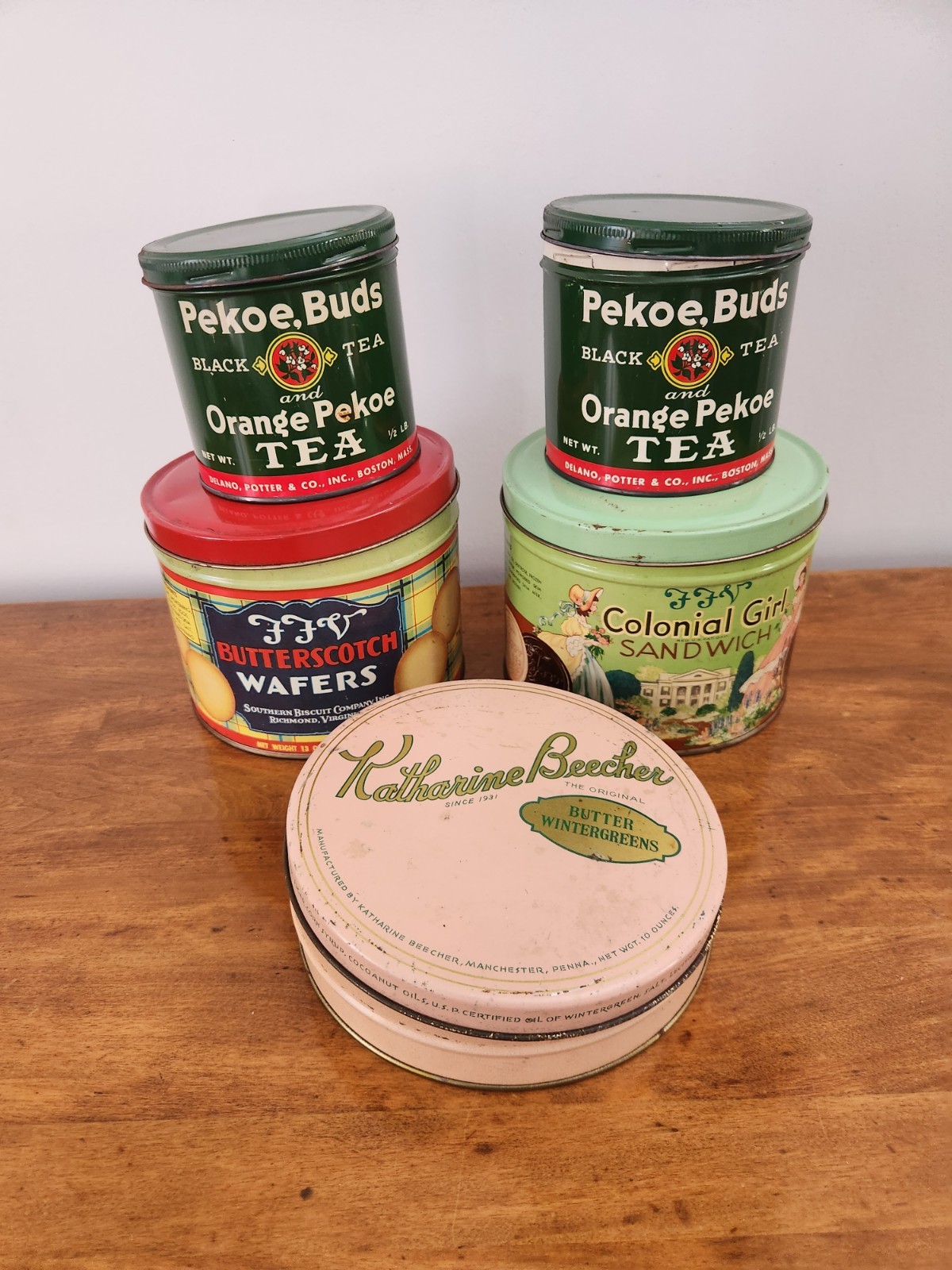 Vintage Tin Lot FFV Cookies Southern Biscuit Co. Pekoe Tea Katharine Beecher