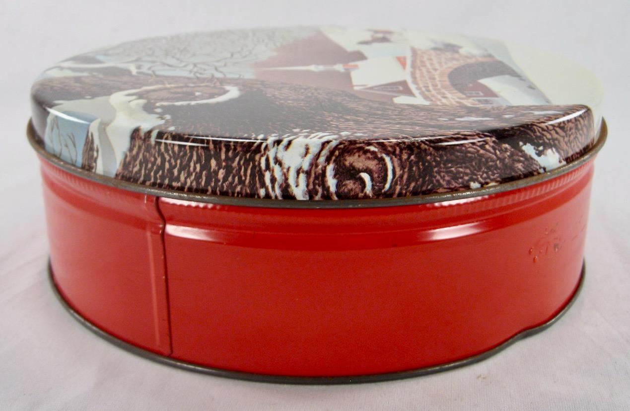 Deluxe Fruit Cake Round Tin Horse Drawn Sleigh Snow Church Bridge Collin St (O)