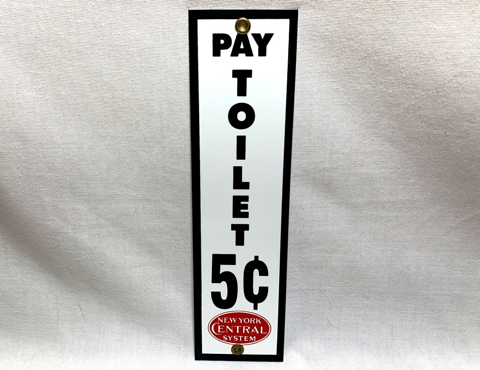 New York Central System Railroad Pay Toilet 5 Cents Porcelain Enameled Sign