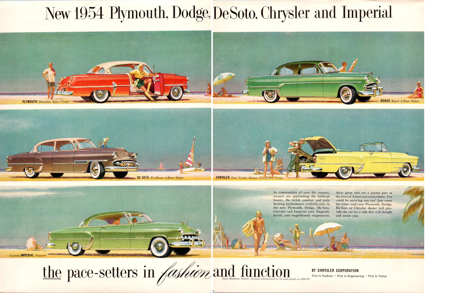 1954 Chrysler Corp Vintage 2-pg Print Ad – Plymouth Dodge DeSoto Imperial Beach