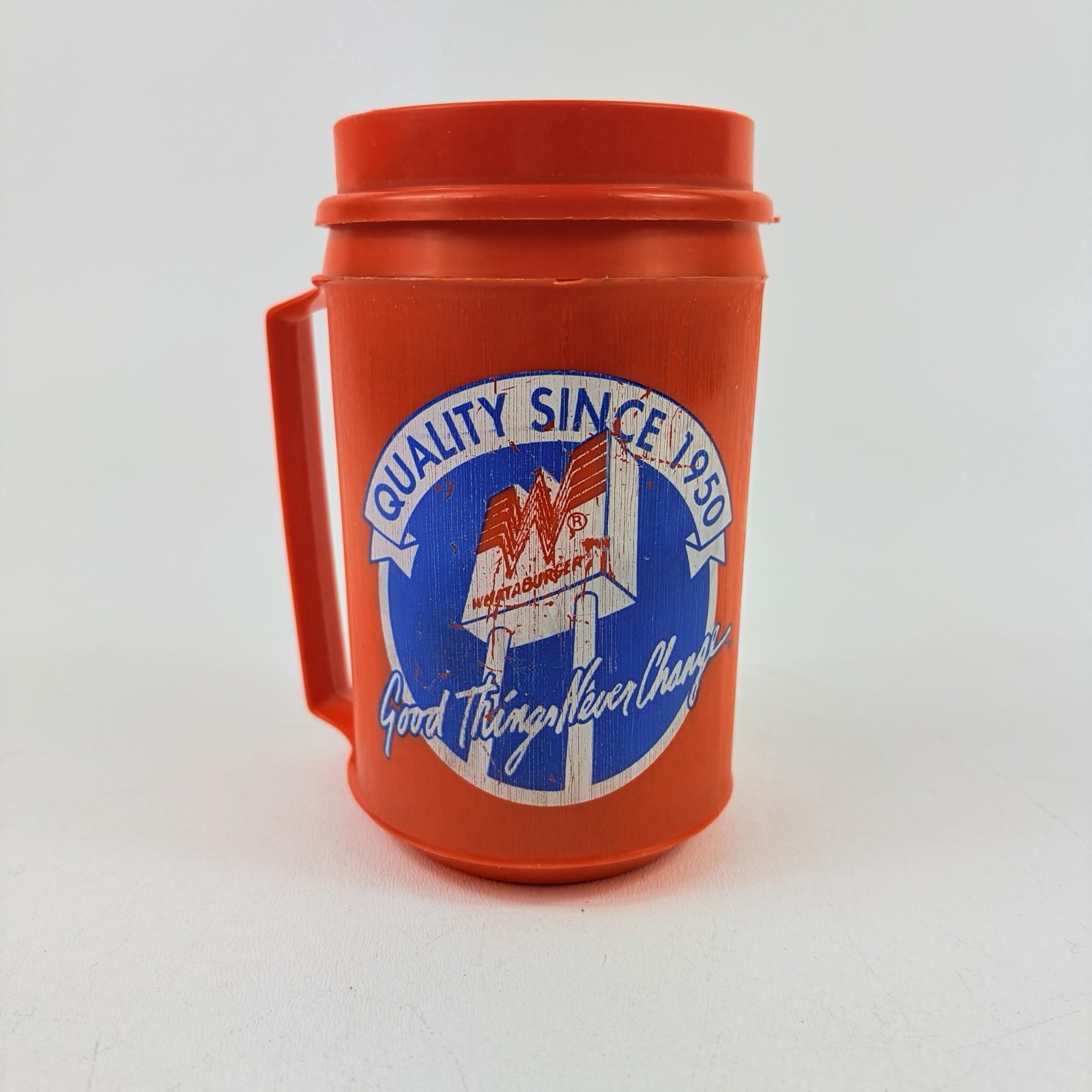 Aladdin Whataburger Coffee Mug w/ Lid Plastic Orange Blue 90s Texas Vintage