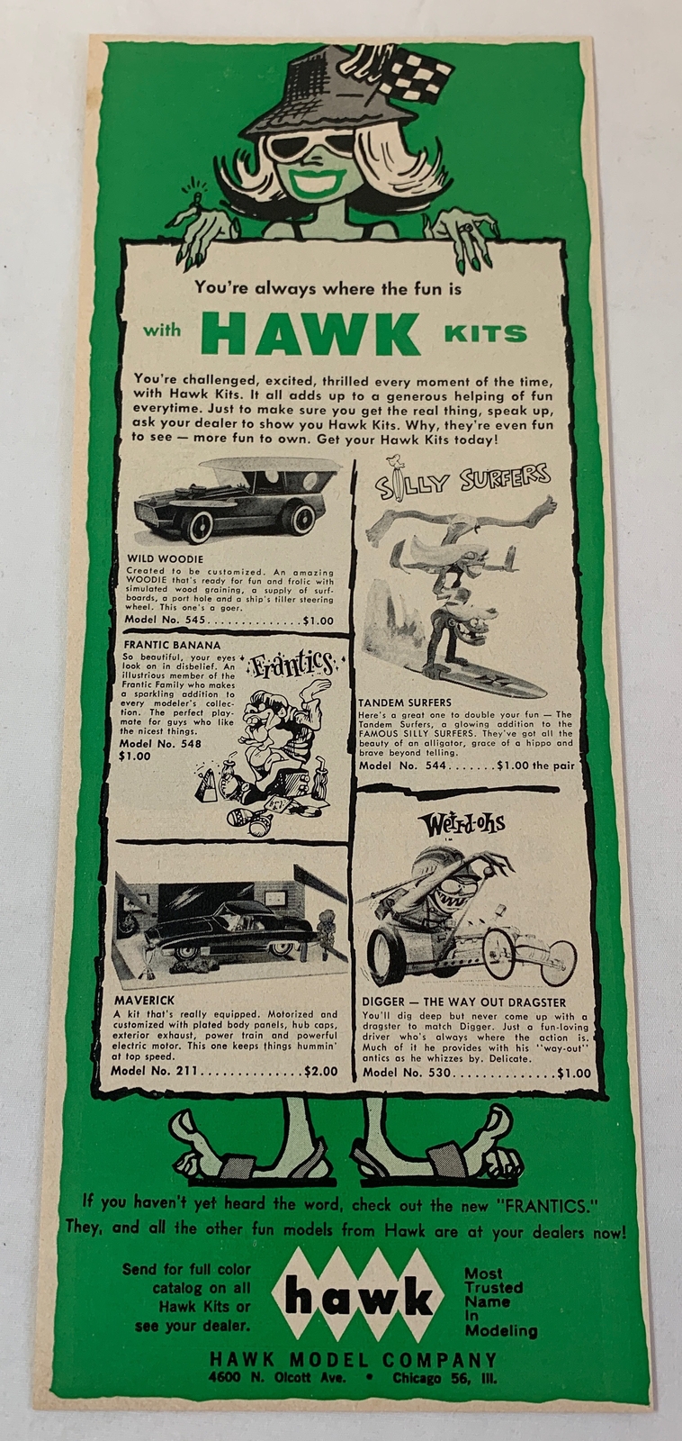 1965 Hawk model kits ad~ FRANTICS,SILLY SURFERS,WEIRD-OHS,WILD WOODIE,MAVERICK