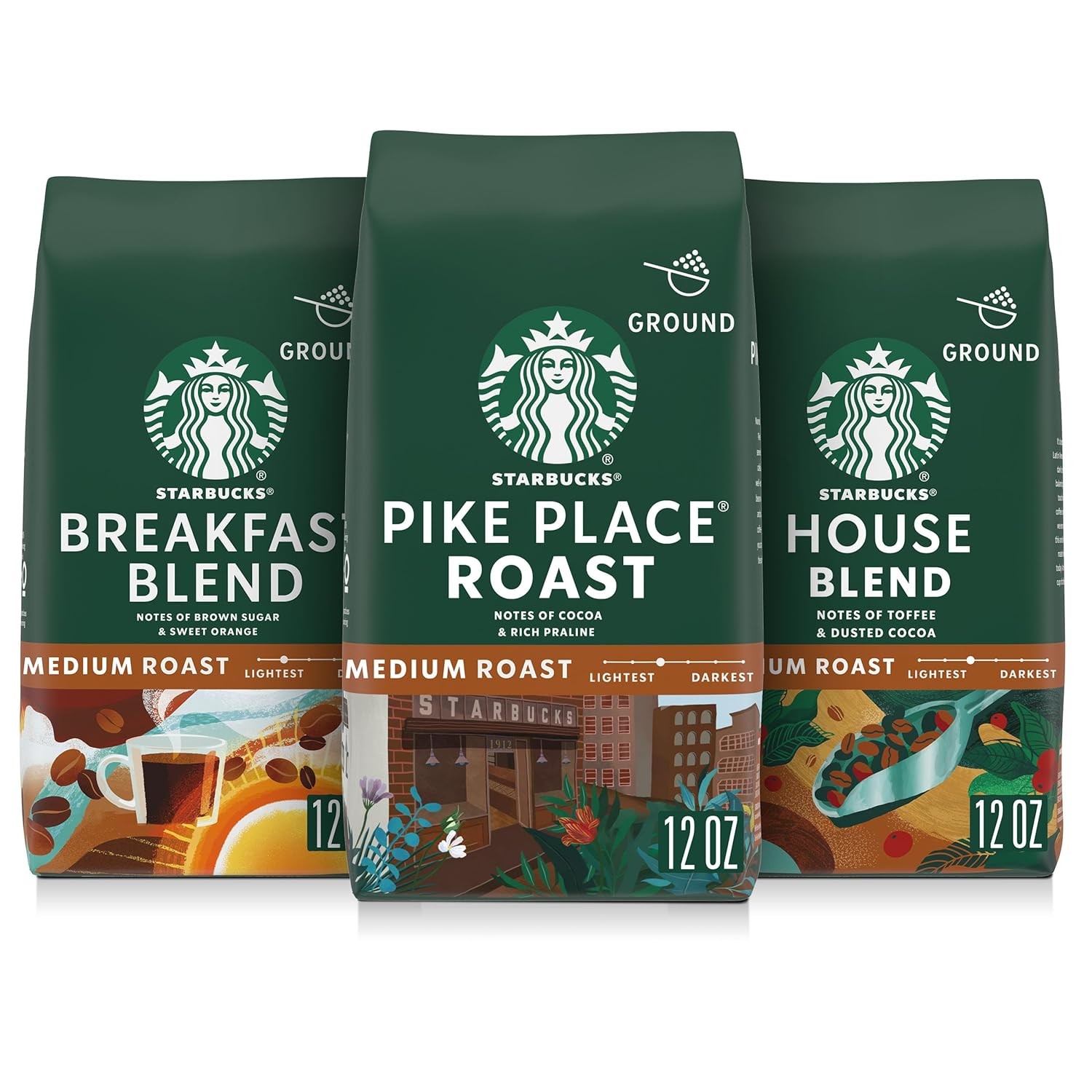 Starbucks Ground Coffee, Medium Roast Hot or Iced Coffee, Variety Pack, Three