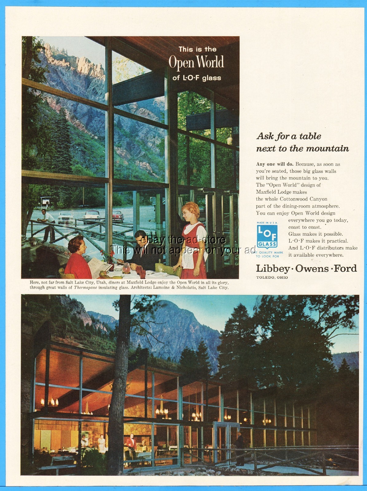 1963 Maxfield Lodge Salt Lake County UT Libbey Owens Ford LOF Glass Toledo OH Ad