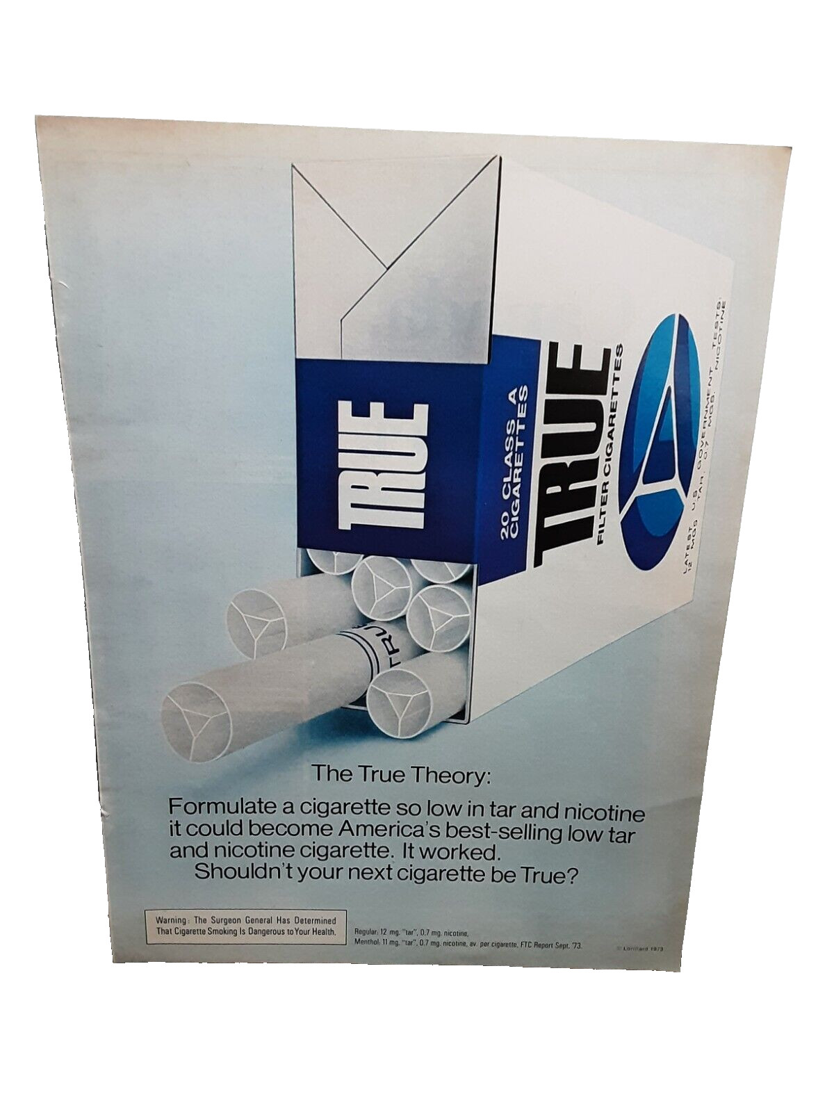 1974 True Cigarettes The Theory Original Print Ad 70s