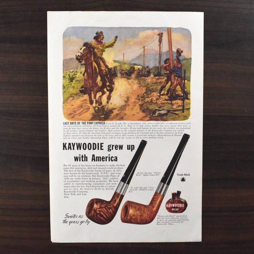 1946 Kaywoodie Pipes Vintage Print Ad Post-WWII 7 x 10″ Tobacco Smoking Ephemera