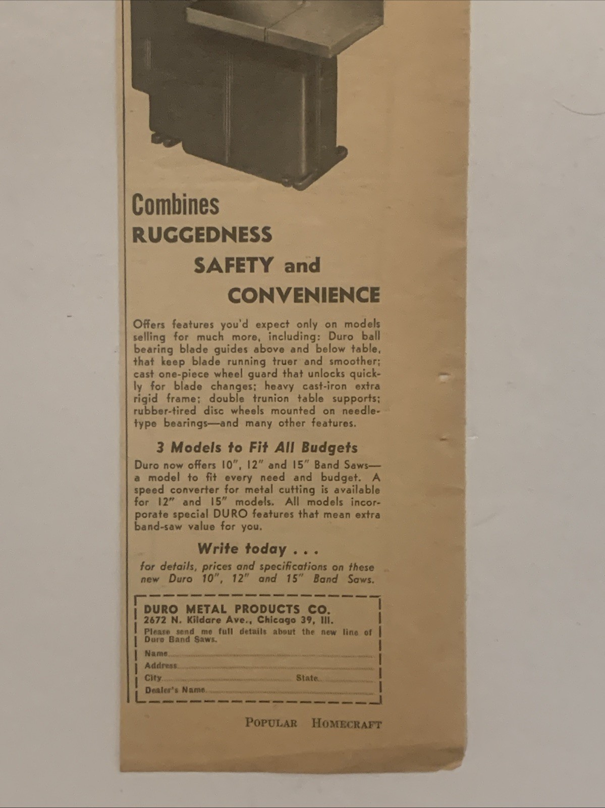 1951 Duro Metal Products PRINT AD 12″ Band Saw – Woodworking VTG 1950s Chicago