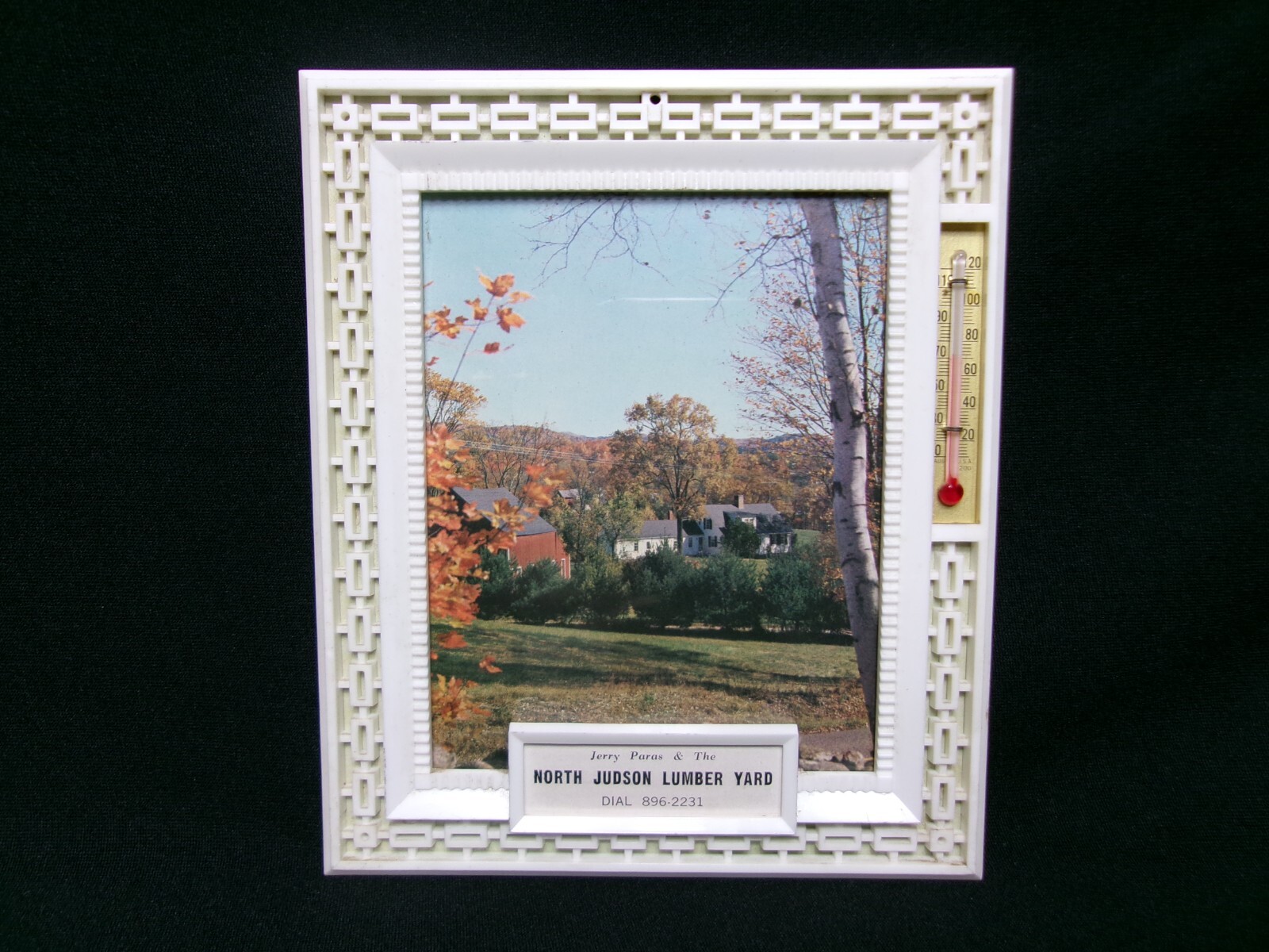 Vintage Glass Framed Thermometer (works) w/ Picture – Advertising, Lumber Yard