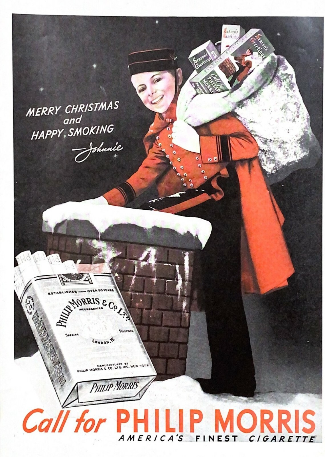 1938 Phillip Morris Cigarette Vintage Print Ad Merry Christmas And Happy Smoking