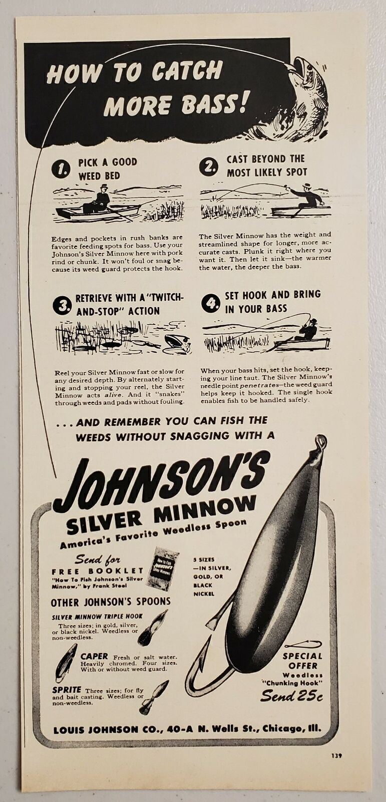 1949 Print Ad Johnson’s Silver Minnow Spoon Fishing Lures Louis Chicago,Illinois