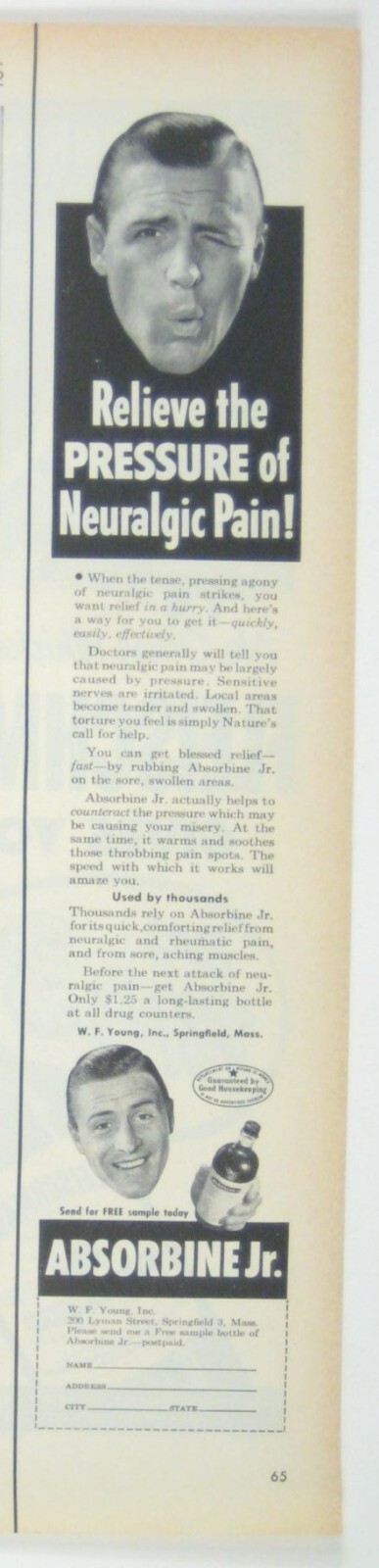 Vintage Absorbine Jr Ad Print Relieve Neuralgic Pain Retro Medicinal Ad 1950s