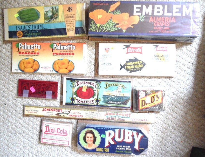 5000 mint Vintage labels, 10 diff, 500 ea, grapes, veggies, seafood, soda, fruit