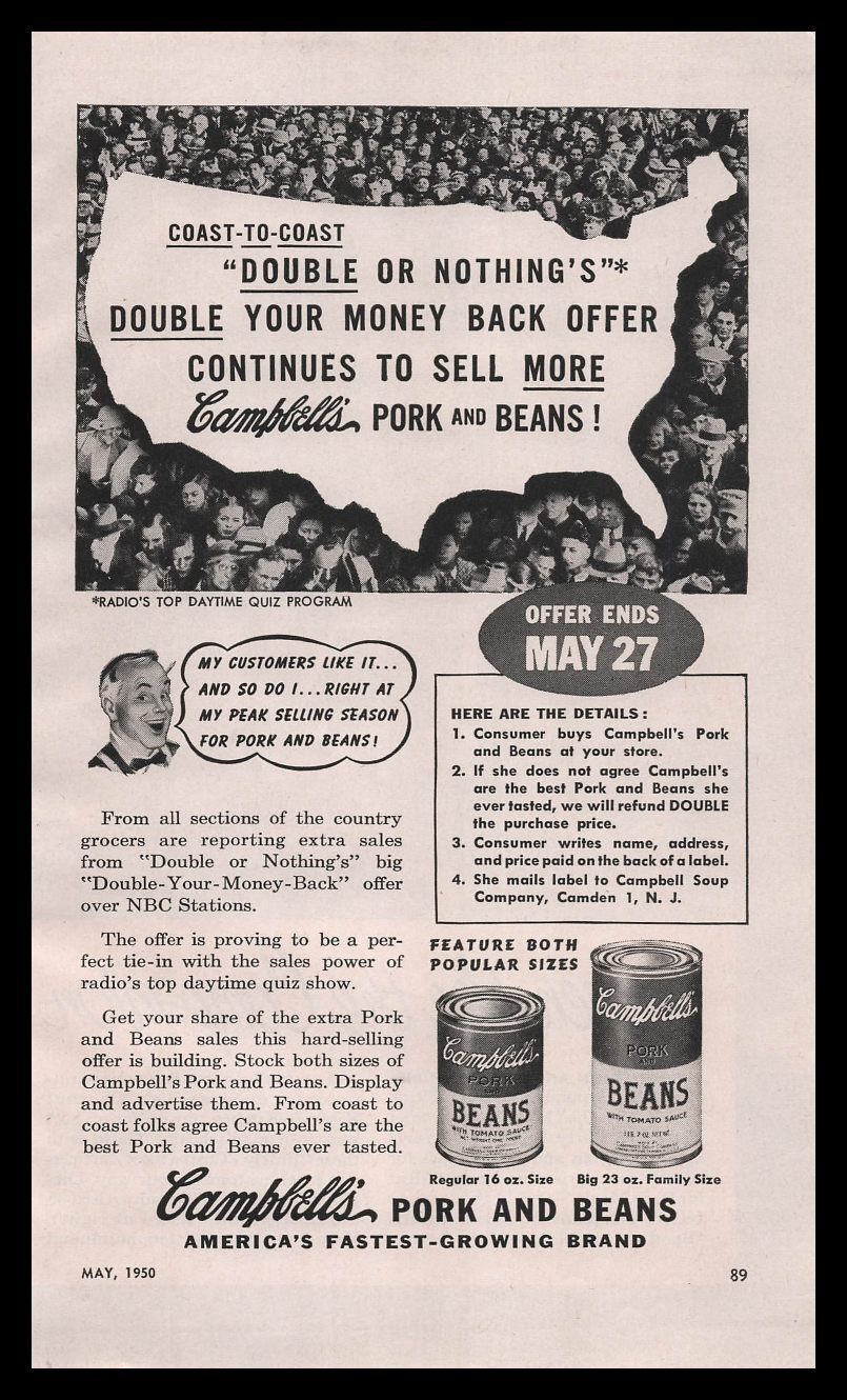 1950 Campbell’s Pork & Beans Cans Double Your Money Back Offer Vintage Print Ad