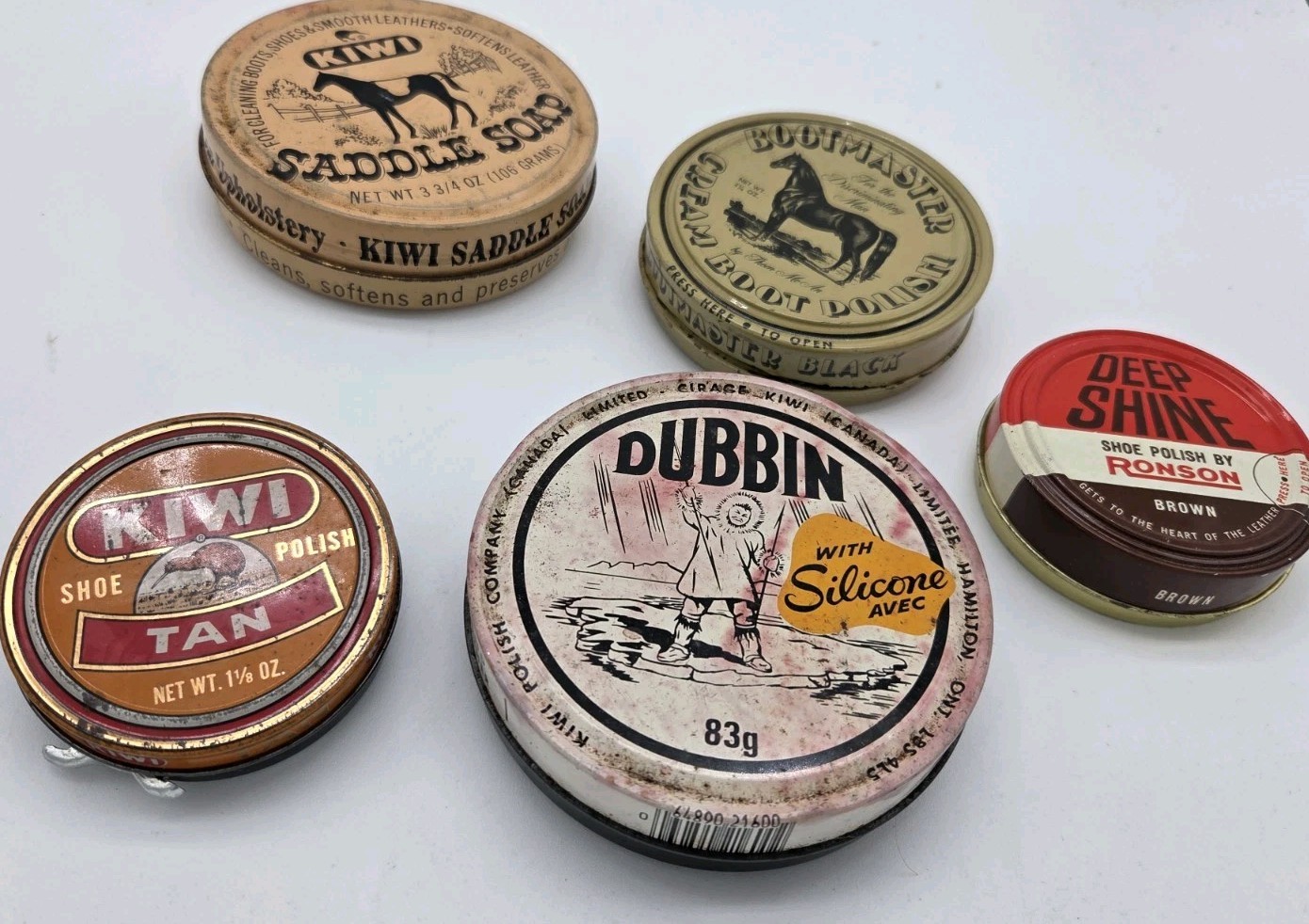 Lot 5 Vintage Tins Shoe Boot Polish, Saddle Soap Kiwi, Ronson Deep Shine Dubbin