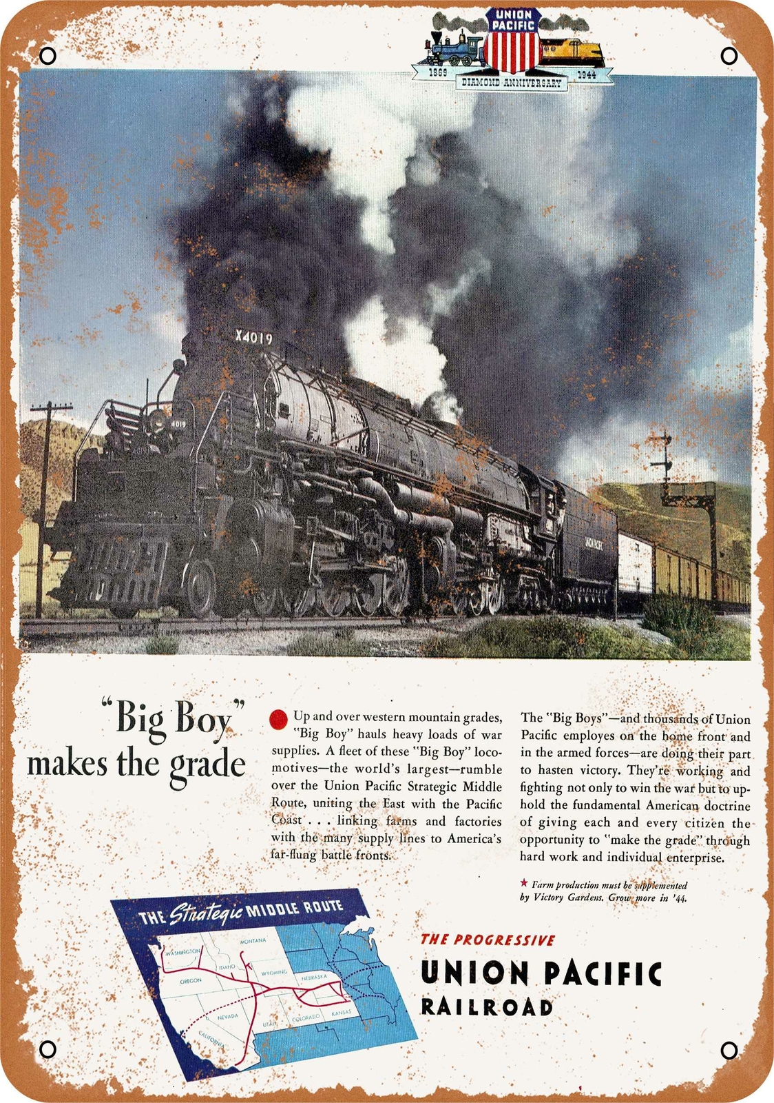 Metal Sign – 1944 Union Pacific Big Boy Steam Locomotive – Vintage Look