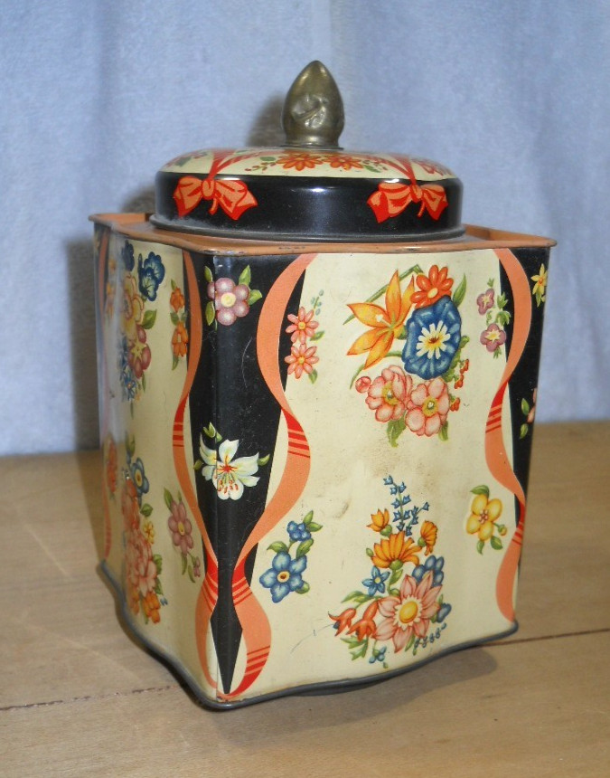 Murray Allen Regal Crown Tea Biscuit Storage Tin England Chintz Flowers Ribbons