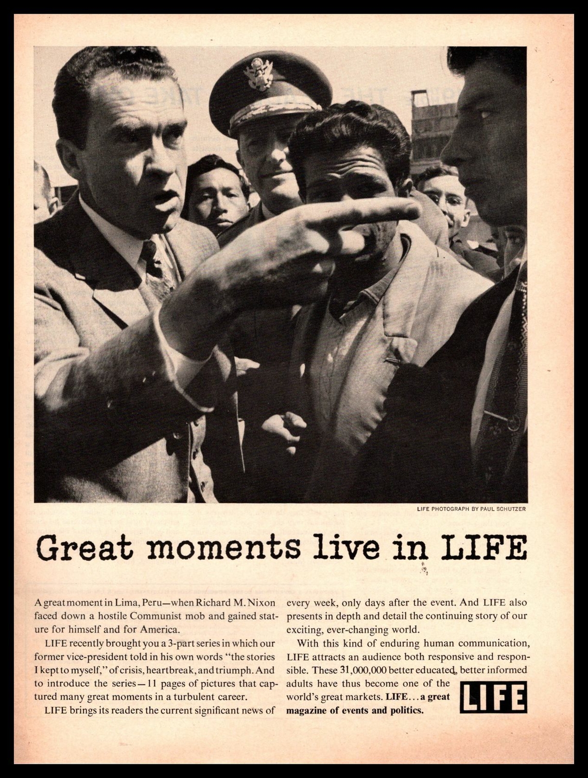 1962 Richard Nixon Lima Peru Hostile Communist Mob Photo Life Magazine Print Ad