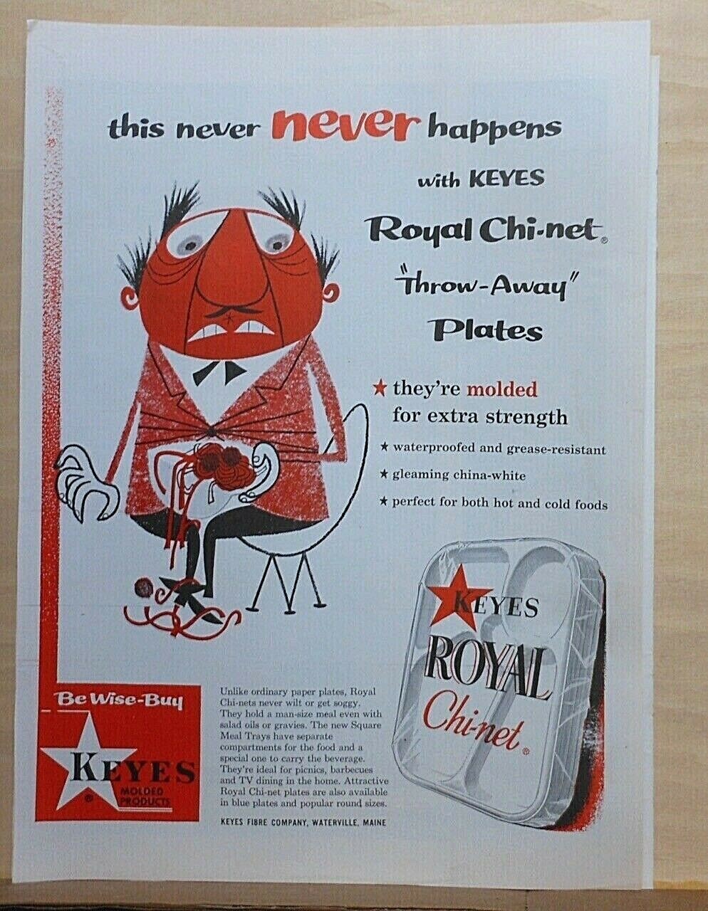1956 magazine ad for Royal Chi-net paper plates – cartoon man with flimsy plate