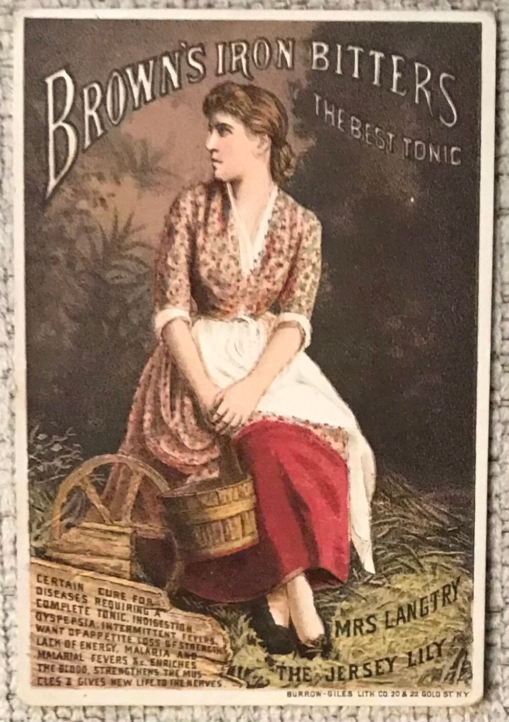 ANTIQUE VICTORIAN TRADE CARD 1880’S BROWN’S IRON BITTERS LILY LANGTRY VG+