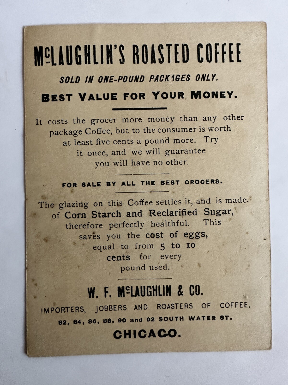 VICTORIAN TRADE CARD McLAUGHLIN’S ROASTED COFFEE CHICAGO A96