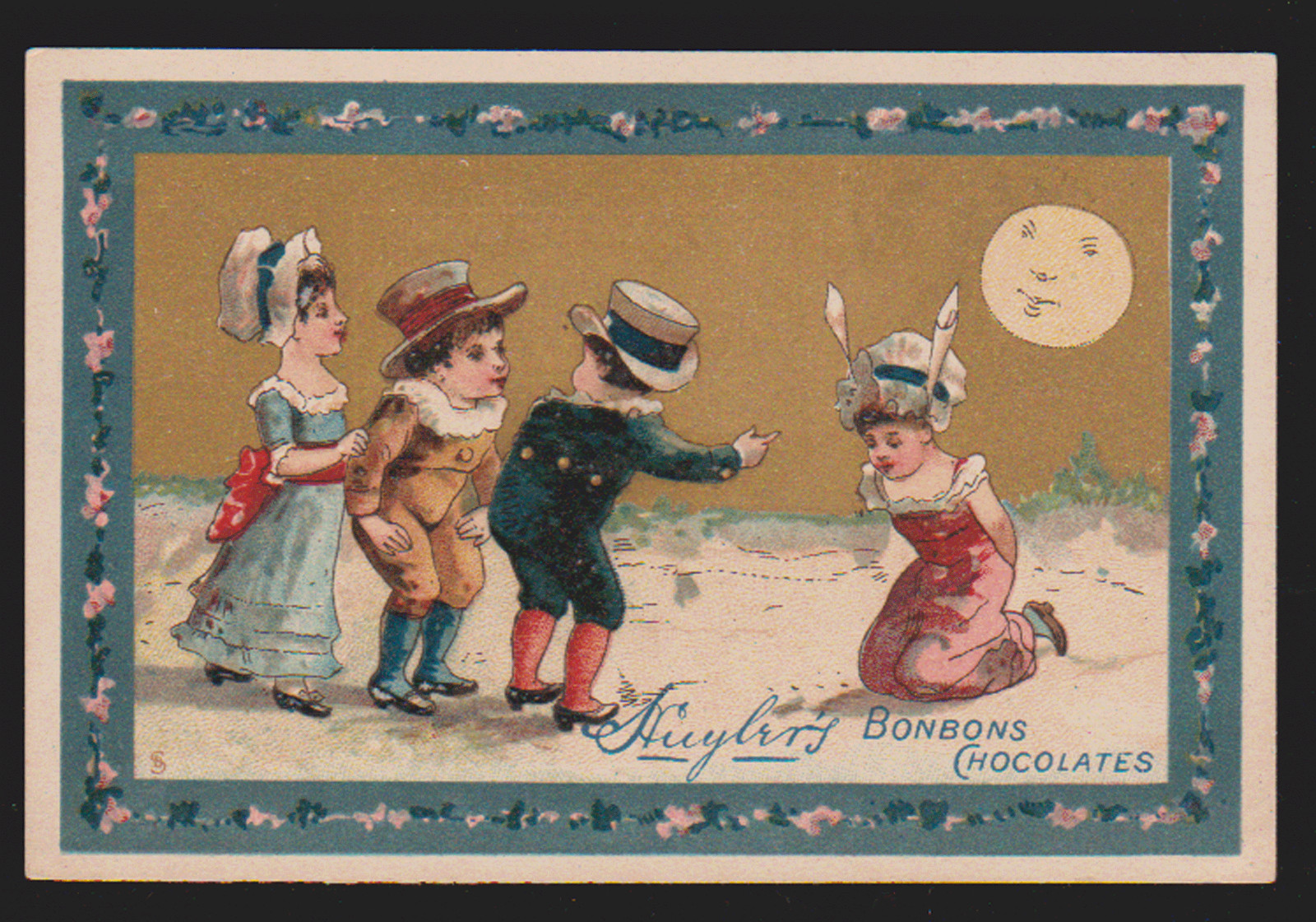 HUYLER’S NY BONBONS, CHOCOLATES TRADE CARD, BIG MOON, STRANGE OUTSIDE SCENE C8
