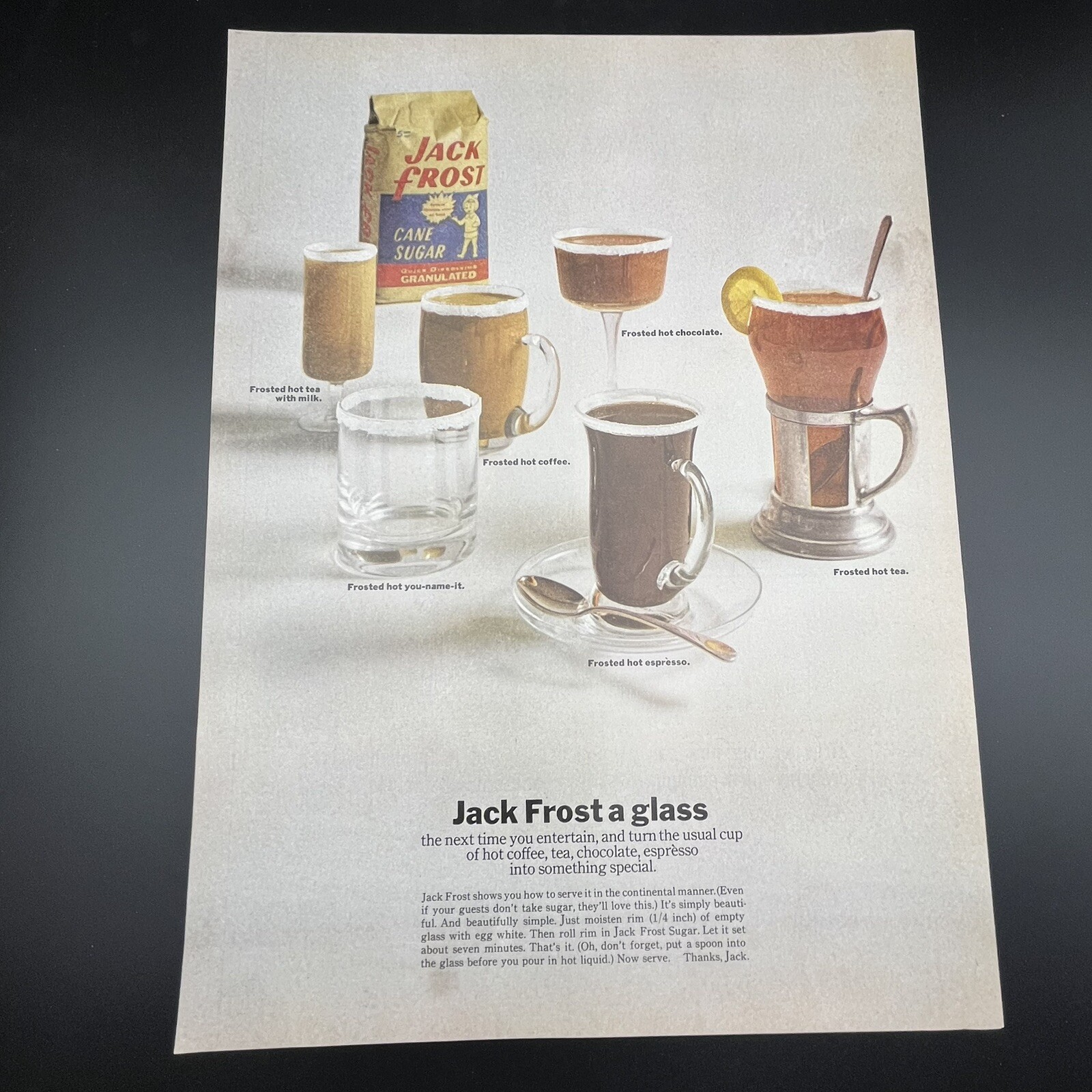 Jack Frost Cane Sugar 1964 Vtg Print Ad 10″x13.5″ Jack Frost a glass tea coffee