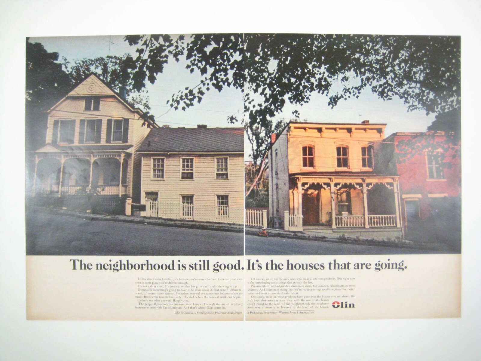 Vintage 1960s Olin Aluminum Print Ad 2 Page Victorian House Neighborhood