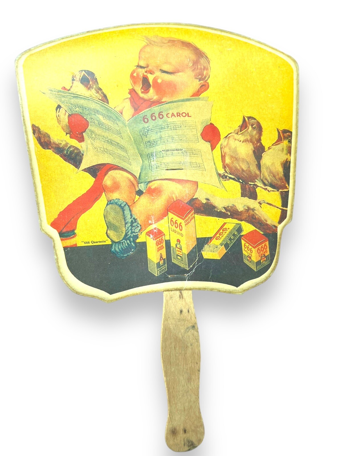 Church Pharmacy Drug Medicine Hand Fan 666 Salve & Tonic Caroling Baby Antiqu Ad