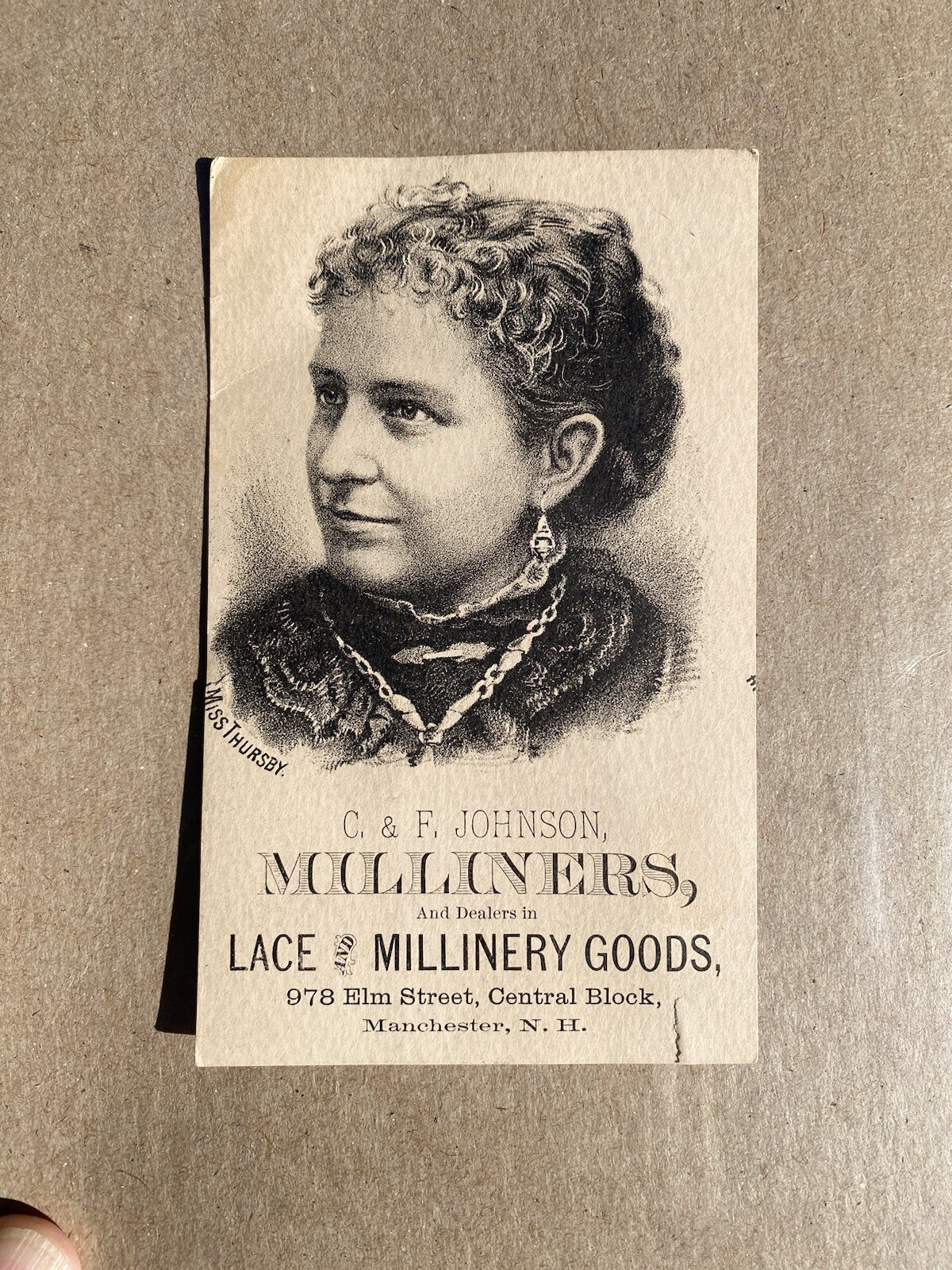C & F Johnson Milliners Manchester NH Trade Card Lace & Millinery Goods Elm St