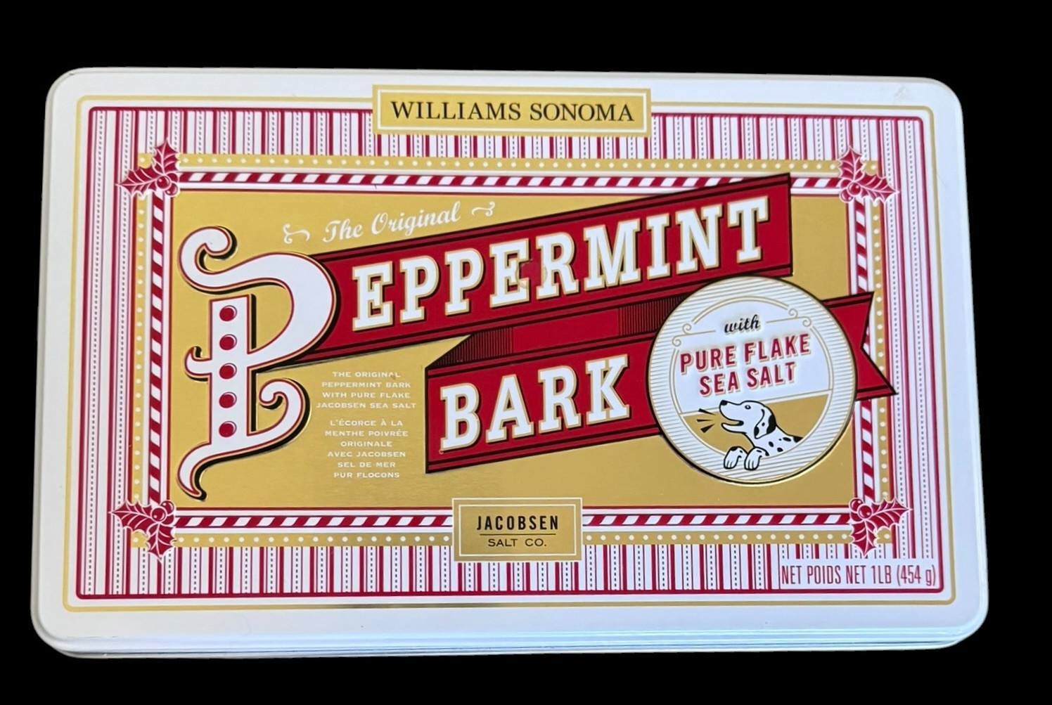 Williams Sonoma Orig. Peppermint Bark 1 lb Tin ONLY 9” x 5.5” x 1.75″ Empty EUC
