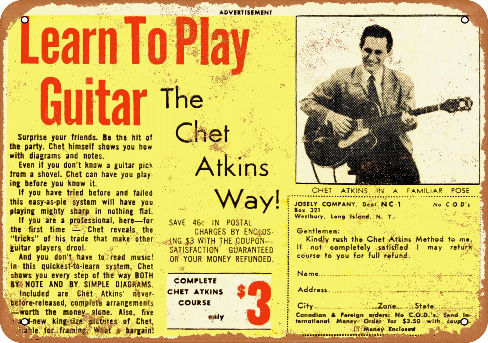 METAL SIGN – 1962 Play Guitar the Chet Atkins Way – Vintage Look Reproduction