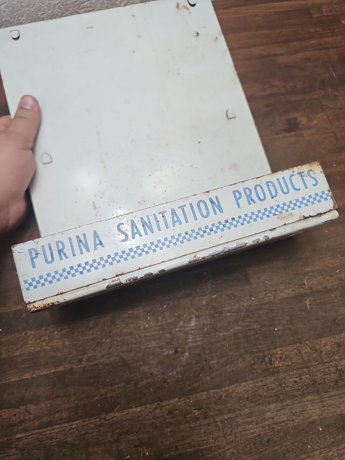 QQ27- Vintage Purina Sanitation Products Metal Holder Advertising Farm Sign