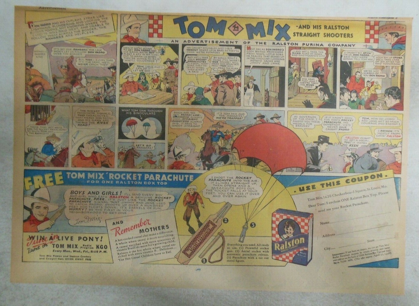 Ralston Cereal Ad: Tom Mix “Rocket Parachute” Premium 1936 Size:11 x 15 inches