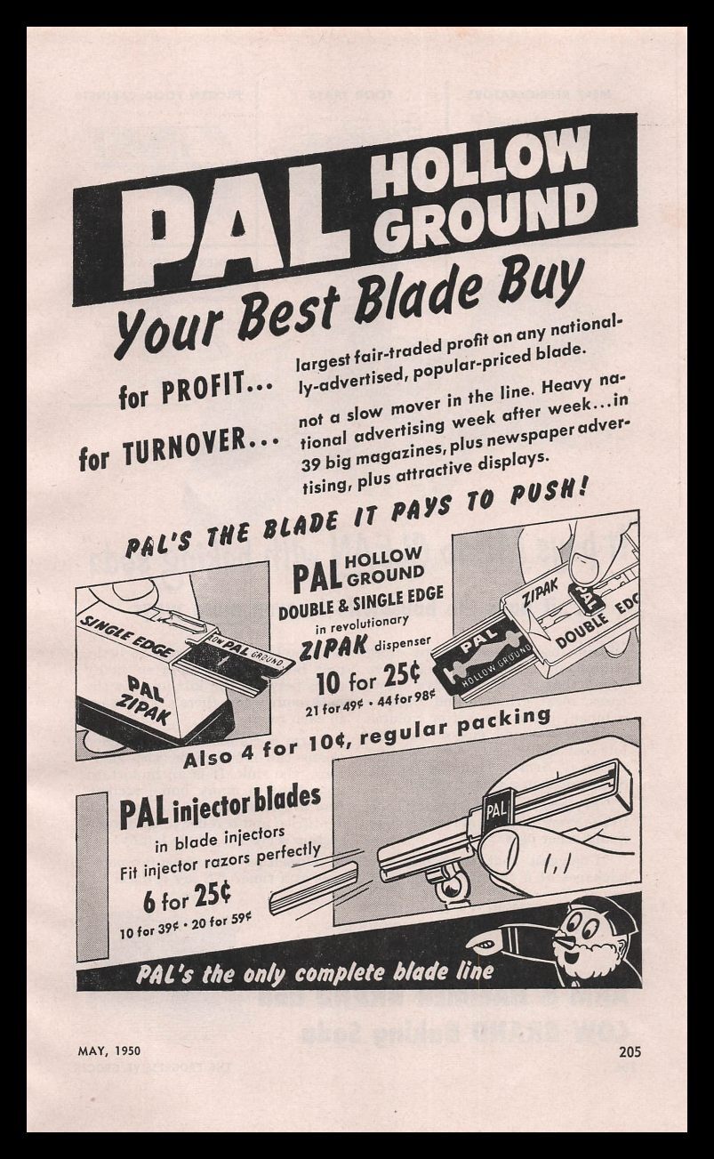 1950 PAL Hollow Ground Zipak Single Double Edge Shaving Blades Vintage Print Ad