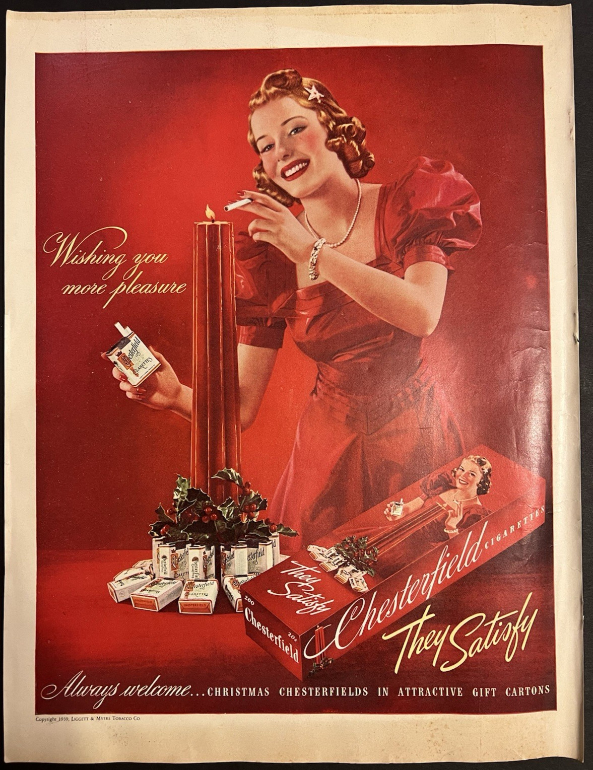 Vtg 1930s AD Chesterfield Cigarettes Christmas-Wishing You More Pleasure