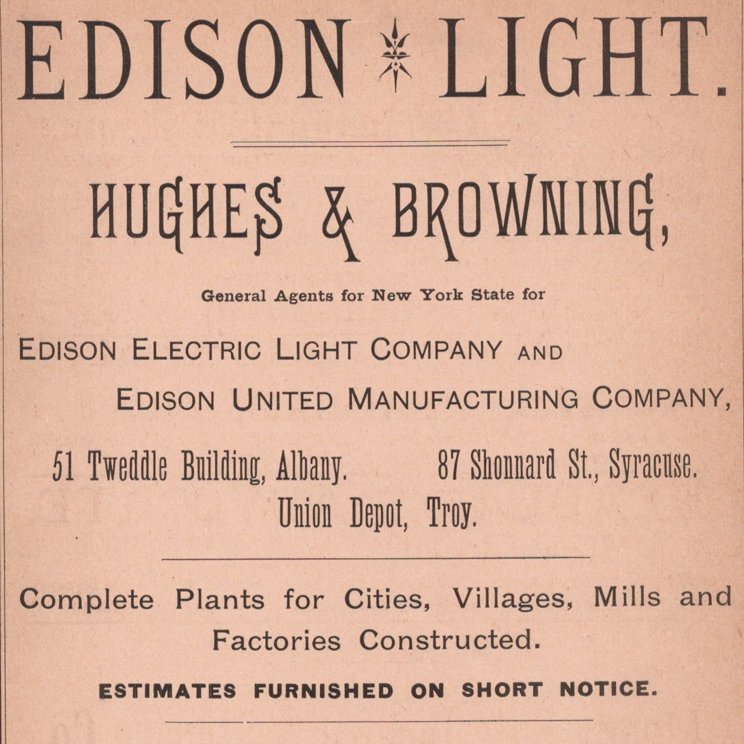 1888 Edison Electric Light Co Hughes & Browning Albany NY Print Ad