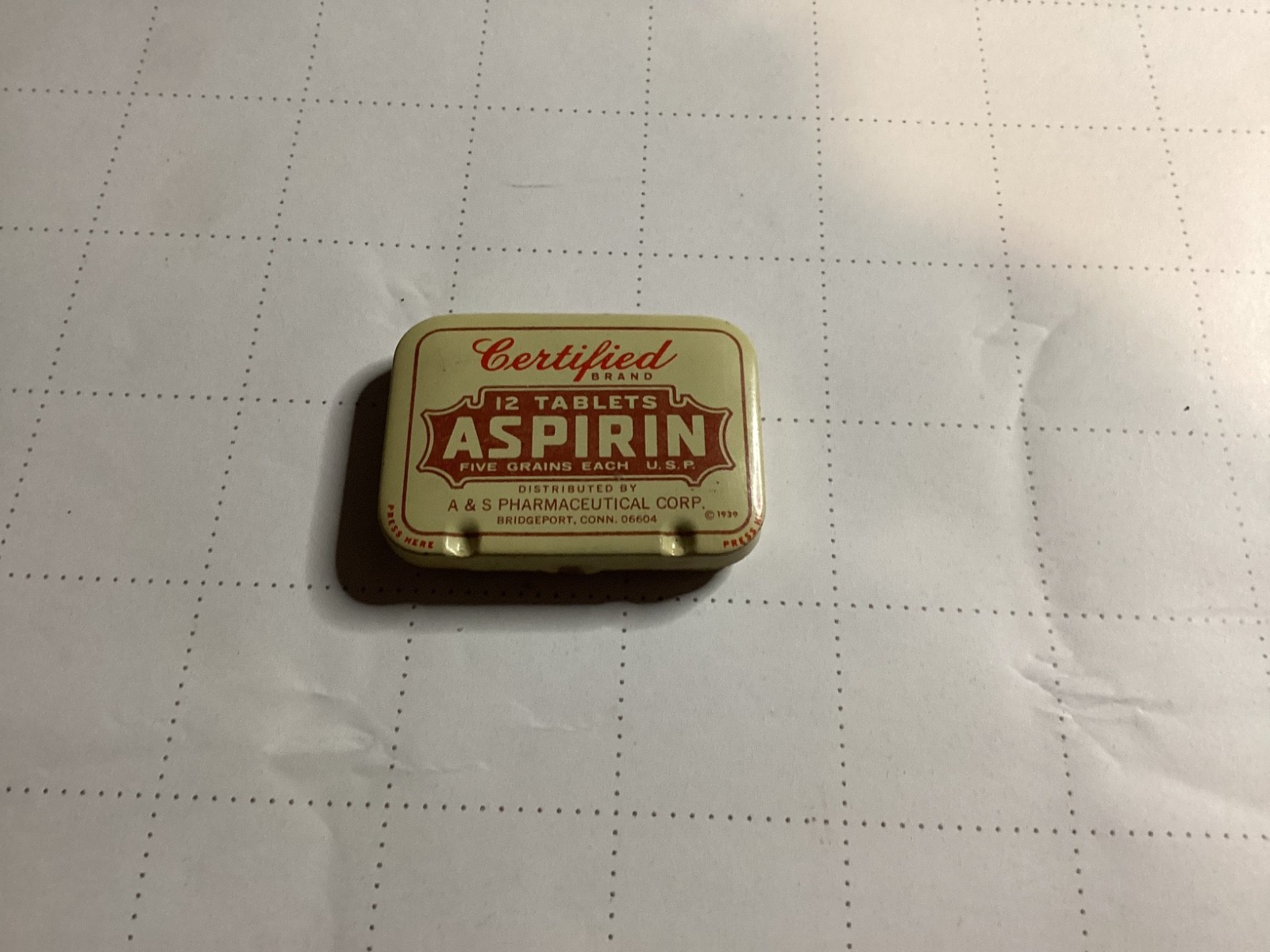 Vintage Empty 1939 Certified Brand Tin 12 Tablets Aspirin A & S PHARM Bridgeport