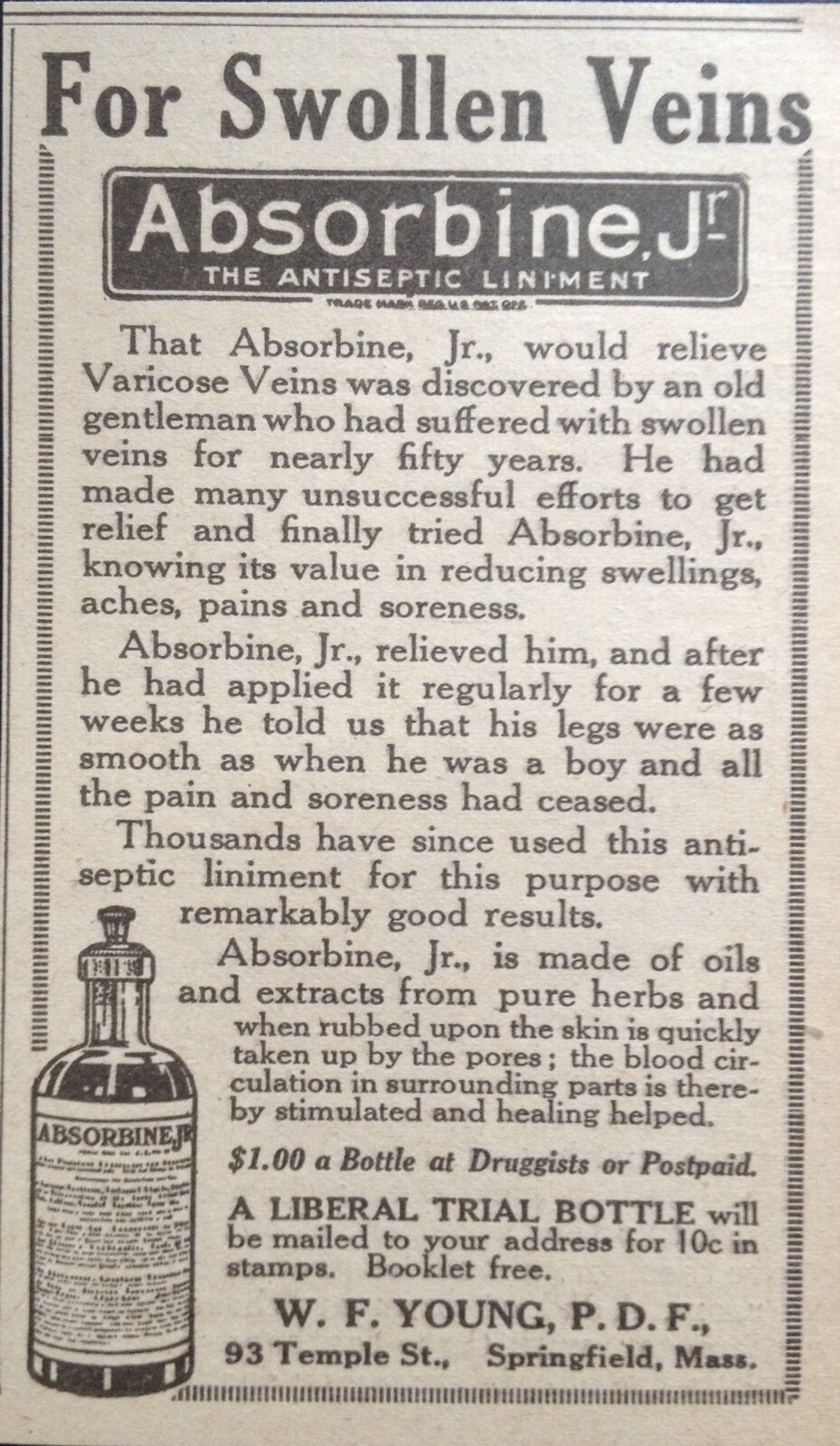 1915 AD(J2)~W.F. YOUNG CO. SPRINGFIELD, MASS. ABSORBINE JR. ANTISEPTIC LINIMENT