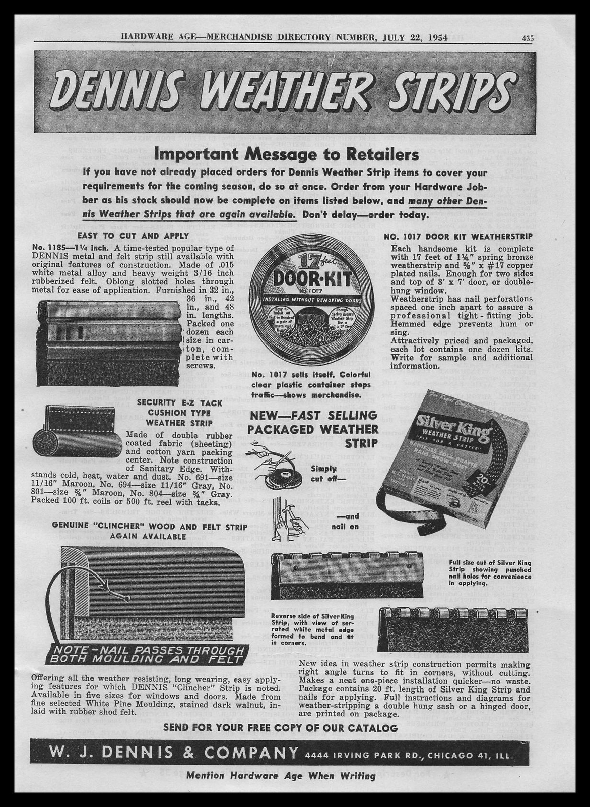 1954 W. J. Dennis & Co. Chicago Illinois Silver King Weather Strips Print Ad