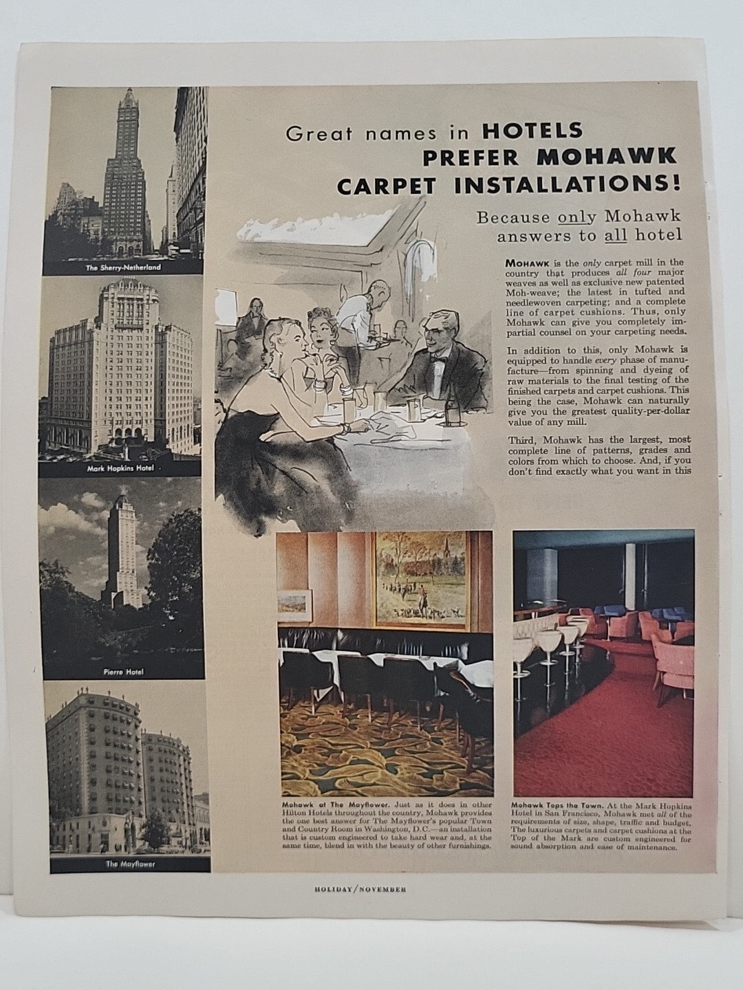 1953 Mohawk Carpet Installation Holiday Print Ad Vacation Mayflower Hotel