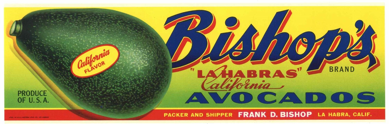 BISHOP’S Vintage La Habra California Avocado Crate Label n **AN ORIGINAL LABEL**
