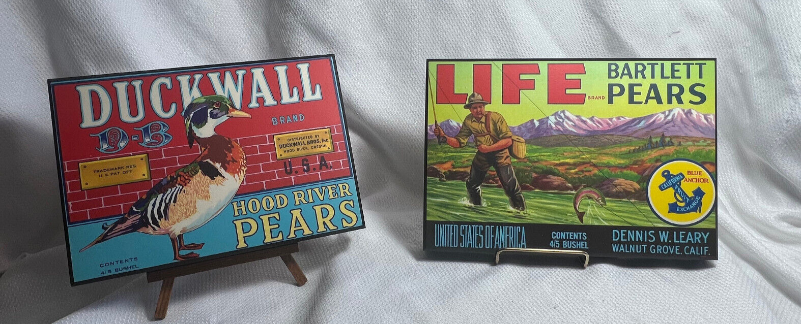 Reproductions Of 2 Vtg Pear Fruit Labels On Top Of Boxed Wood Frame Wall Hanging