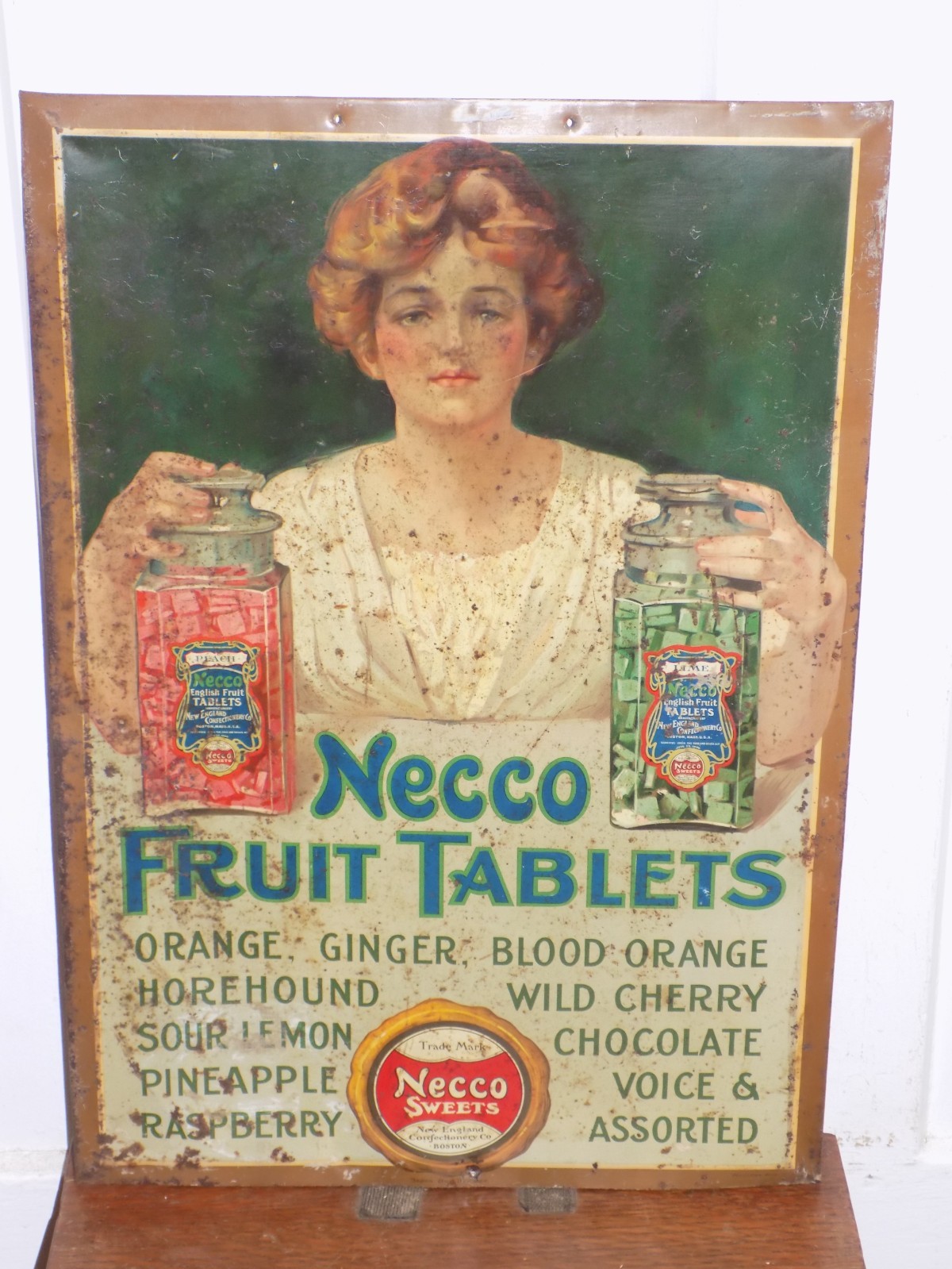 Vintage NECCO Fruit Tablets Tin Over Cardboard Sign