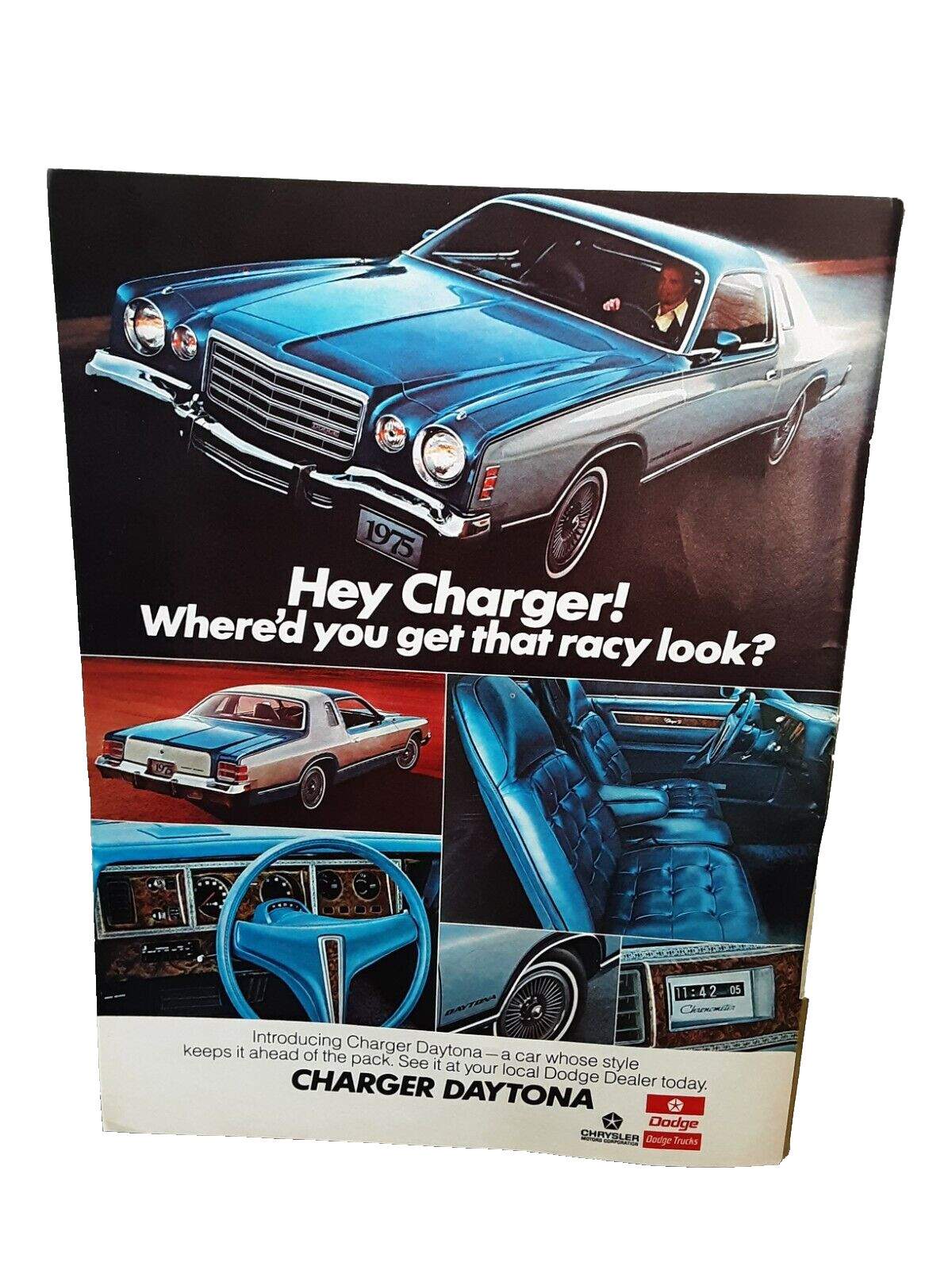 1975 Dodge Charger Daytona Car Blue Color Original Print Ad Vintage 70s