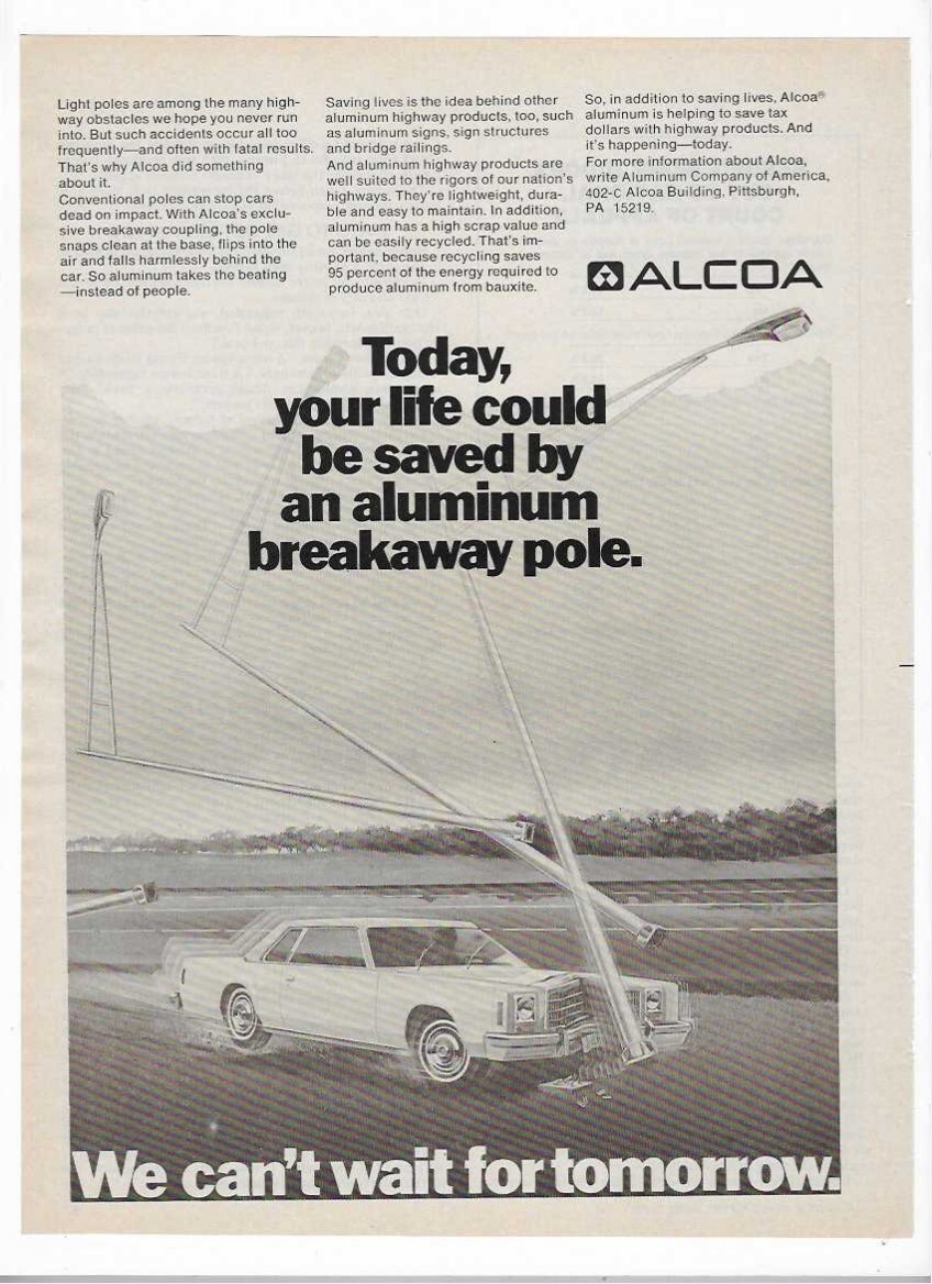 1977 Alcoa Breakaway Aluminum Light Pole Post Vintage Print Advertisement