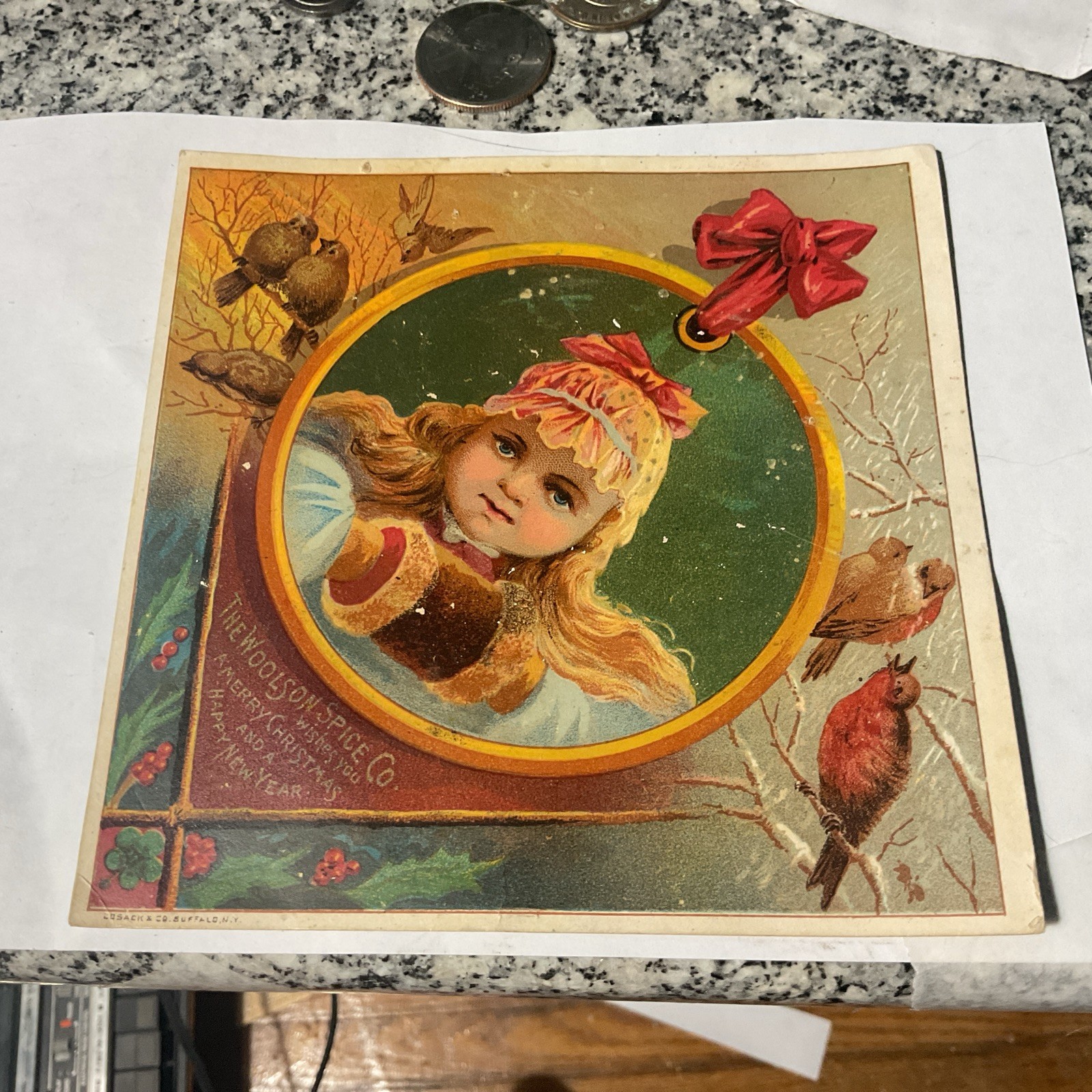 Woolson Spice Co Merry Christmas Lions Coffee Girl Ohio Victorian Trade Card