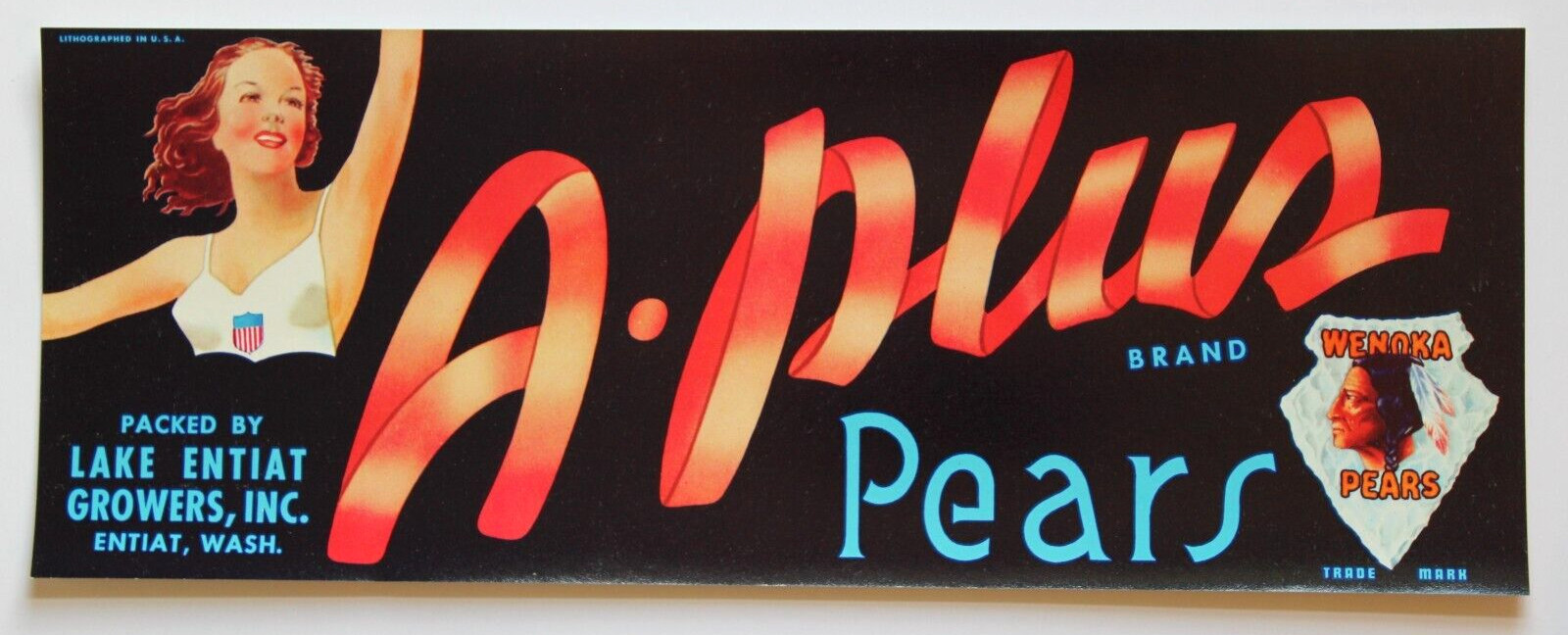 Original A-PLUS lug pear crate label Lake Entiat Fruit Growers Olympic Girl