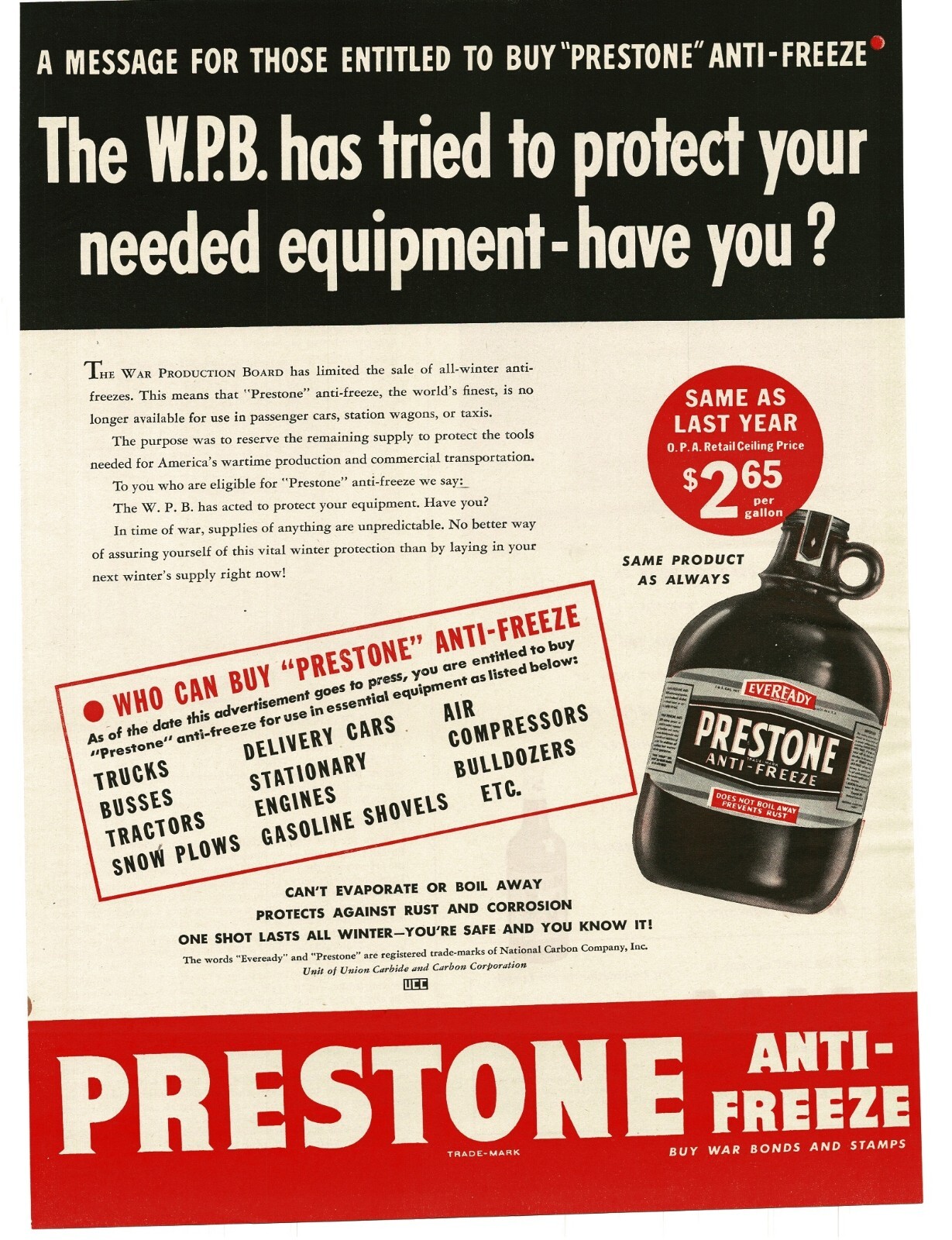 1943 Prestone Anti-Freeze WWII War Production Board WPB OPA Vintage Print Ad